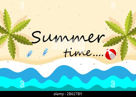 Summer holidays concept, summer time background. Top view on palm tree leaves, flip flops, beach ball and sea sand. Stock Vector