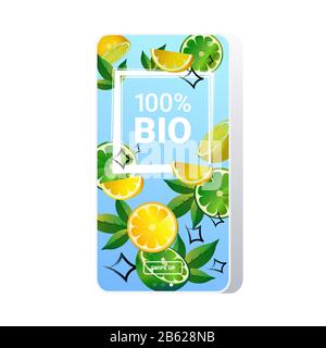 natural healthy organic product fresh food online mobile app smartphone screen lime lemon background copy space vector illustration Stock Vector