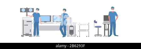 surgeons team preparing to surgical operation in operating room doctors wearing professional uniform medical staff in hospital surgery preparation concept horizontal full length vector illustration Stock Vector