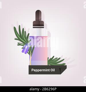 dropping essential peppermint oil glass bottle with flower and liquid natural face body beauty remedies concept vector illustration Stock Vector