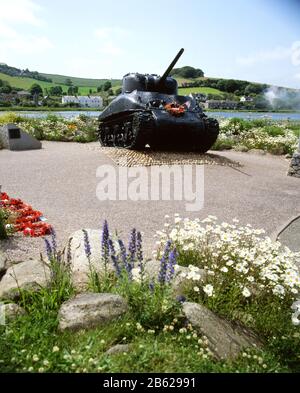 Sherman tank, Torcross, a memorial to over 900 US troops killed during a d day exercise on Slapton Sands, South Hams, South Devon. Stock Photo