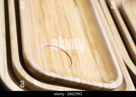 natural brown wooden dishes background Stock Photo