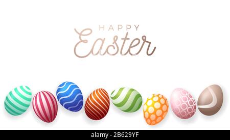 Happy easter greeting card vector illustration. A horizontal banner of white with multicolored textured eggs that stand in a row Stock Vector