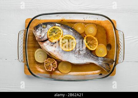 Overhead view of gilt head bream baked in oven Stock Photo