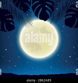 romantic night background with full moon and palm tree leaves vector illustration EPS10 Stock Vector