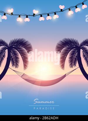 hammock between palm trees summer holiday at sunset vector illustration EPS10 Stock Vector