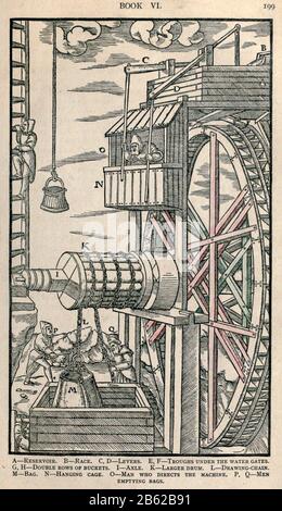 Reversible hoist for raising buckets from Georgius Agricola De re metallica, translated into English from the 1st Latin ed. of 1556, printed in London by The Mining magazine in 1912 Stock Photo