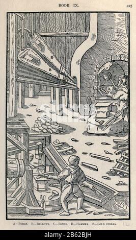 Smelting metal Georgius Agricola De re metallica, translated into English from the 1st Latin ed. of 1556, printed in London by The Mining magazine in 1912 Stock Photo