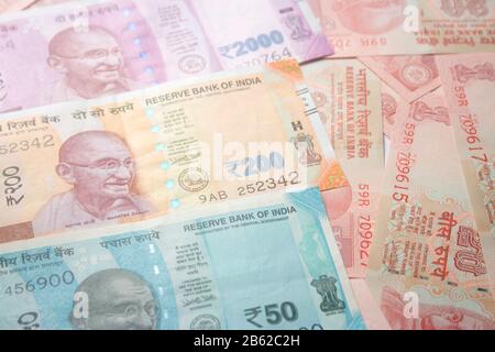 indian rupees new currency,50,200,2000,20 Stock Photo