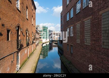 View of the Birmingham and Fazeley Canal running through Birmingham from Ludgate Hill Stock Photo