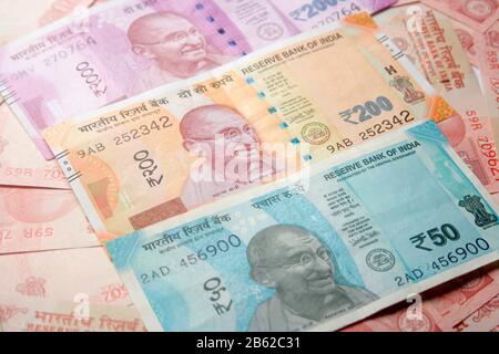 indian rupees new currency,50,200,2000,20 Stock Photo