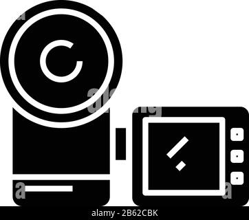Video camera black icon, concept illustration, vector flat symbol, glyph sign. Stock Vector