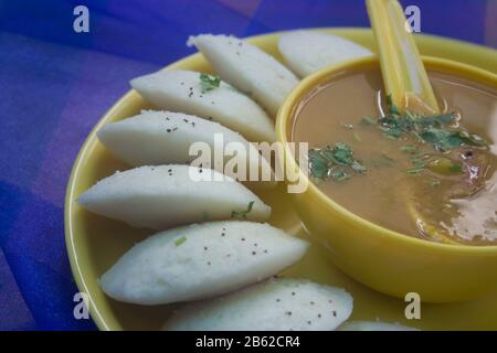 South Indian food Idli Sambar and Chutney in banana leaf India close up Stock Photo