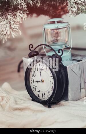 Decorated Christmas tree, toys and box presents. Stock Photo