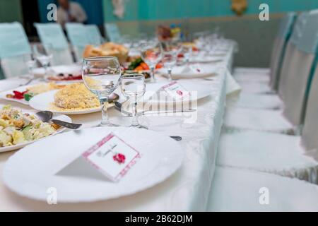 table set for wedding or another catered event dinner. Stock Photo