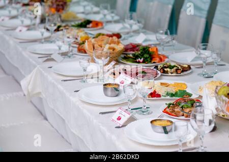 table set for wedding or another catered event dinner. Stock Photo