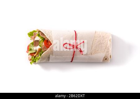 Doner kebab or shawarma sandwich isolated on white background. Top view Stock Photo
