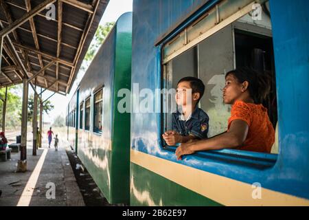 Local people in the train, Yangon, Myanmar, Asia. Stock Photo