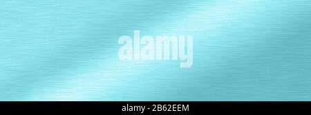 Wide Shiny smooth line metal blue color background Bright vintage Brass plate chrome panorama texture concept simple turquoise foil panel shiny back. Stock Photo
