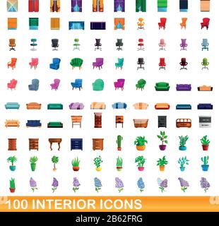 100 interior icons set. Cartoon illustration of 100 interior icons vector set isolated on white background Stock Vector