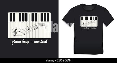 Print on t-shirt, piano keys musical with music notes, isolated on black background vector Stock Vector