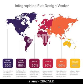 Infographics World maps of continents corolrs on white background red orange icons vector Stock Vector