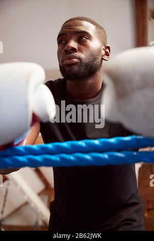 Male Boxer In Gym Wearing Boxing Gloves Leaning On Ropes Of Boxing Ring Stock Photo