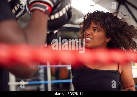 Male Personal Trainer Sparring With Female Boxer In Gym Using Training Gloves Stock Photo