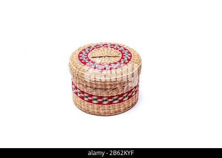 Round straw box with lid isolated on white background Stock Photo