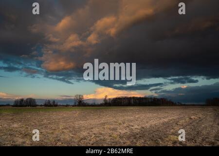 Dark storm clouds illuminated by the sun over a plowed field Stock Photo