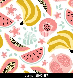 Seamless pattern with exotic fruits on white background. Organic food print. Flat vector illustration. Stock Vector
