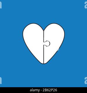 Vector illustration icon concept of connected heart puzzle pieces. Black outlines, blue background. Stock Vector