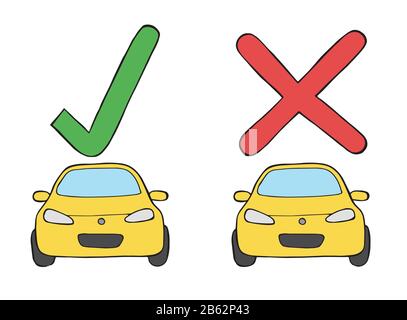 Vector cars with check mark and x mark. Hand drawn illustration. Black outlines and colored. Stock Vector
