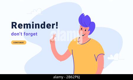 Reminder, do not forget an important task. Young man standing and showing his hand and red tape on the finger. Flat modern concept vector illustration Stock Vector