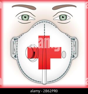 Antiviral mask for anti virus protection with Red Cross flag, vector illustration Stock Vector