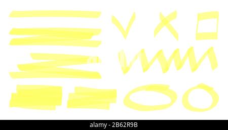 Marker highlighter elements. Color highlight stripes. Hand drawn shapes and lines. For decorations texts slideshow. Yellow arrow round line check cros Stock Vector