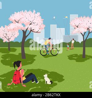 Blooming cherry city park recreation zone vector Stock Vector