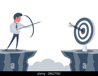 Vector illustration flat. Businessman standing on cliff with archer in hand. Business target goals concept. Businessman focus to successful. Stock Vector