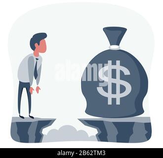 Businessman in front of a gap and looking for the money bag Stock Vector