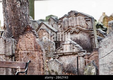 Tombstones in the Old Jewish Cemetery in Prague Stock Photo