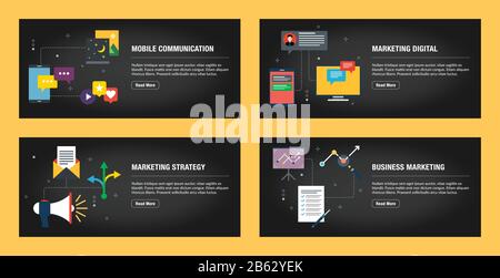 Set of internet banner design templates for web sites, internet marketing, and business. Mobile communication, marketing digital, marketing strategy a Stock Vector