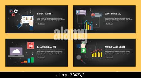 Set of internet banner design templates for web sites, internet marketing, and business. Report market gains financial, data organization and accounta Stock Vector