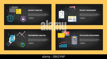 Set of internet banner design templates for web sites, internet marketing, and business. Security analysis, project management, performance analysis, Stock Vector