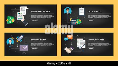 Set of internet banner design templates for web sites, internet marketing, and business. Accountancy balance, calculating tax, startup strategy and co Stock Vector