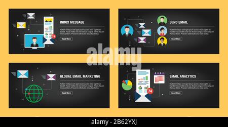 Set of internet banner design templates for web sites, internet marketing, and business. Inbox message, send email, global email marketing and email a Stock Vector