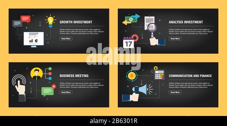 Set of internet banner design templates for web sites, internet marketing, and business. Growth investment, analysis investment, business meeting, com Stock Vector