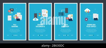 Banner set with icons for internet on websites or app templates with file sharing, shared documents, data backup and download files safely. Technology Stock Vector