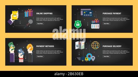 Set of internet banner design templates for web sites, internet marketing, and business. Internet shopping, purchase payment, payment methods, purchas Stock Vector