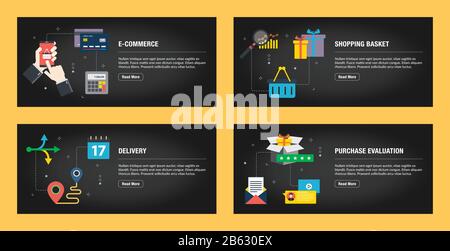 Set of internet banner design templates for web sites, internet marketing, and business. E-commerce, shopping basket, delivery, and purchase evaluatio Stock Vector