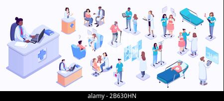 Isometric illustration of medical workers and patients. Hospitals, doctors, patients, reception Stock Vector